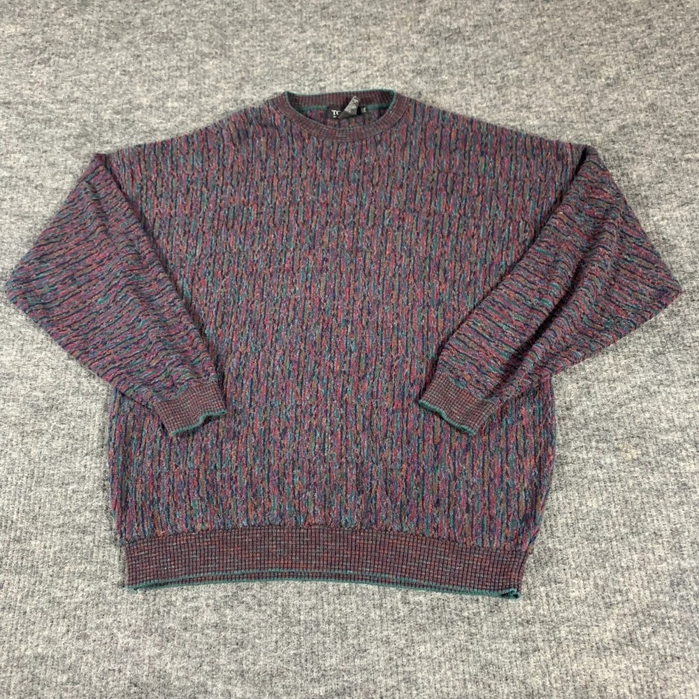 Vintage Tosani Swater Men s2XL Purple Colorful 3D‎ Knit Crewneck Wool Blend 90s